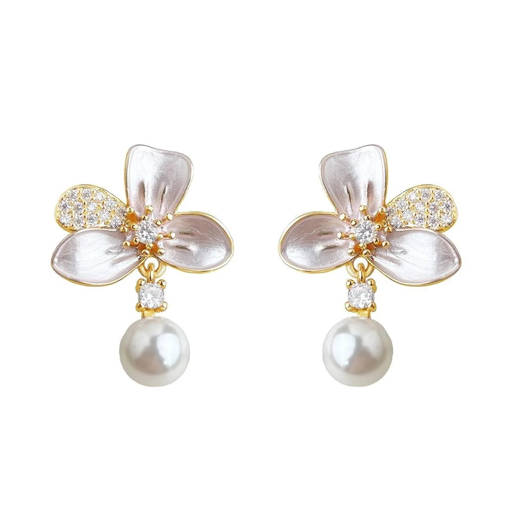 Sweet Elegant Floral Drop Earrings With Micro Pave Zircon And Hand Painted Glass Pearl Flowers
