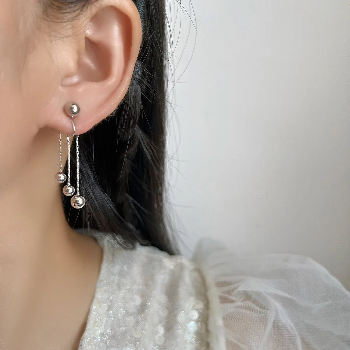 Elegant Alloy Metal Ball Spiral Tassel Drop Stud & Clip On No Piercing Back Hanging Earrings
