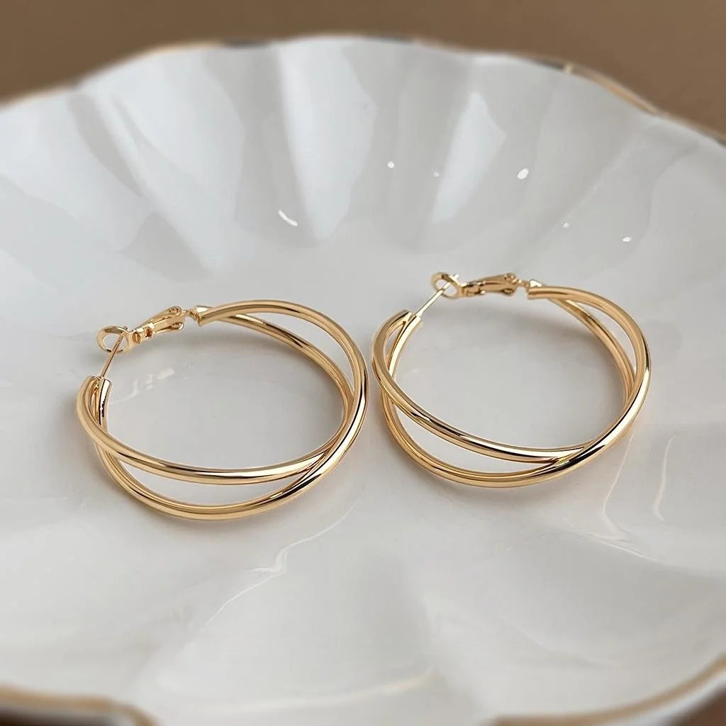14K Plated Copper Geometric Cross Twist Hoop Earrings, Statement Round Commuter Jewelry