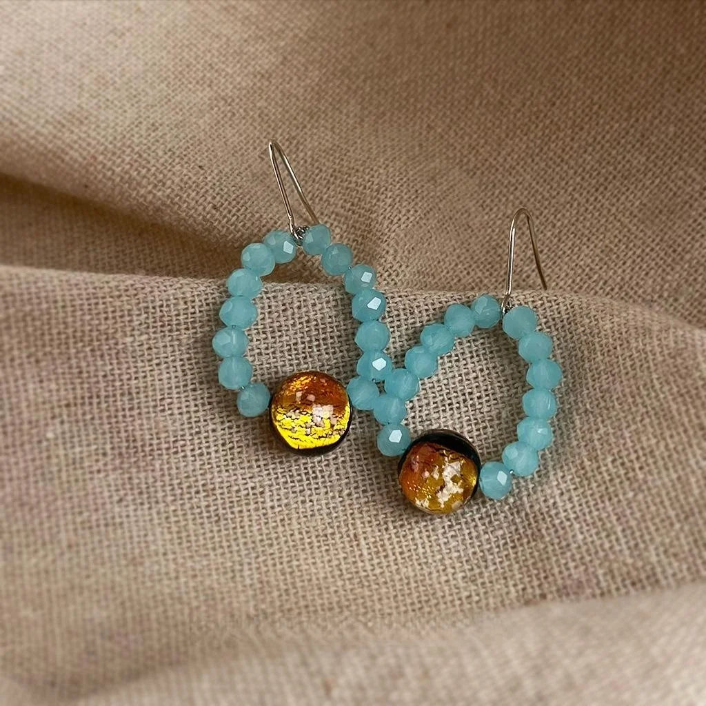 Aquamarine Glass Liuli Round Geometric Drop Earrings Vintage New Chinese Handmade Jewelry