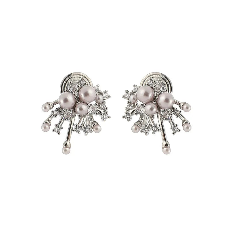 Elegant Firework Starburst Pearl Zircon Alloy Stud & Clip On No Piercing Bridal Party Earrings