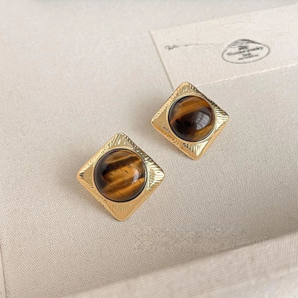 Vintage 14K Plated Copper Tiger Eye Square Geometric Stud Earrings For Women
