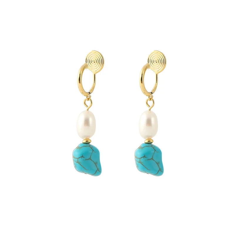 Elegant Irregular Turquoise Stone Freshwater Pearl Spiral Stud & Clip On No Piercing Drop Earrings