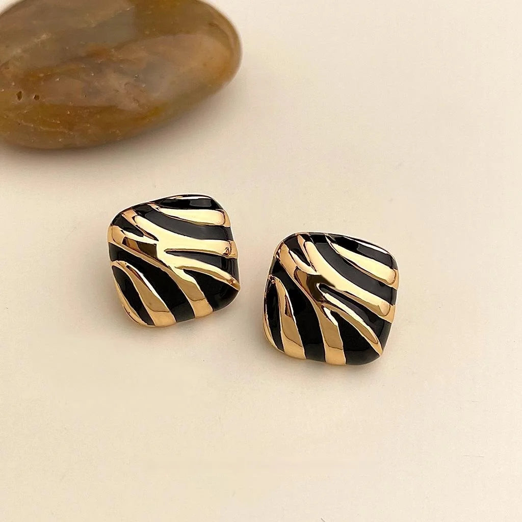 Black Gold Striped Vintage Square Copper Stud Earrings For Women