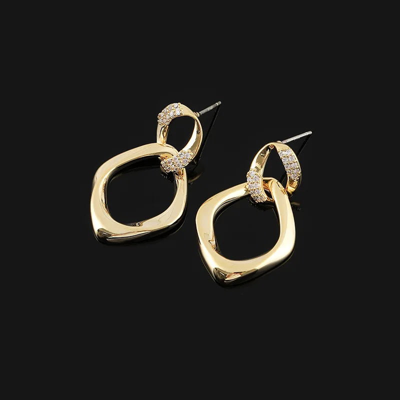 Elegant Gold Alloy Zircon Geometric Double Linked Hoop Drop Stud & Clip On No Piercing Earrings