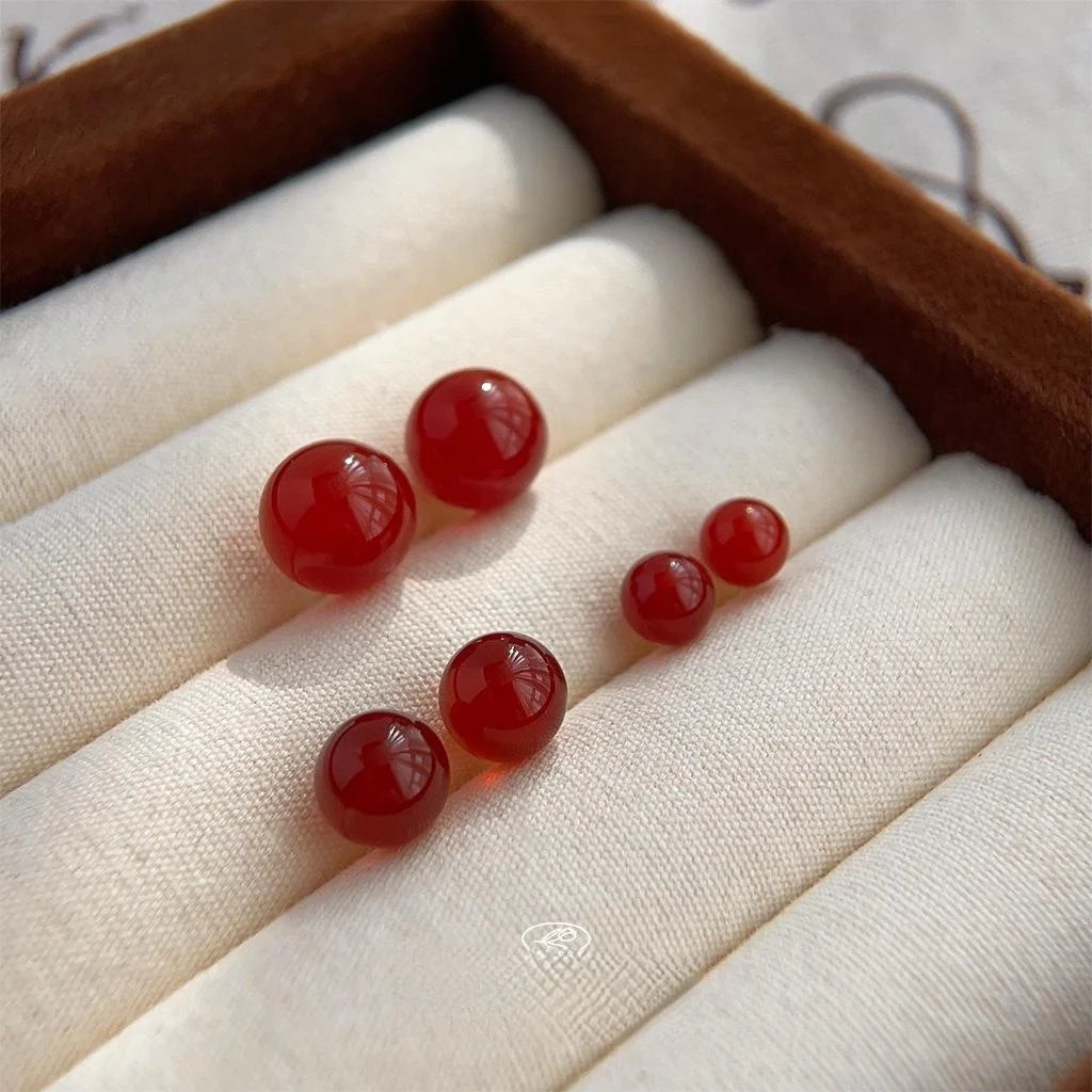 New Chinese Vintage Natural Red Agate Round Geometric Stud Earrings For Women