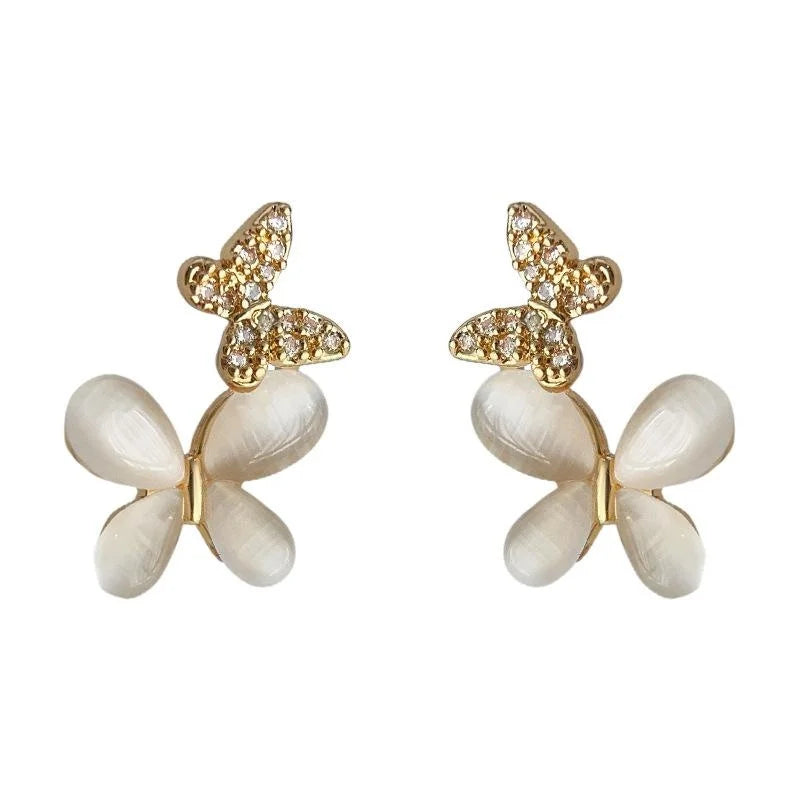 Sweet Butterfly Glass Cat Eye Stone Zircon Micro Pave 14K Plated Drop Earrings