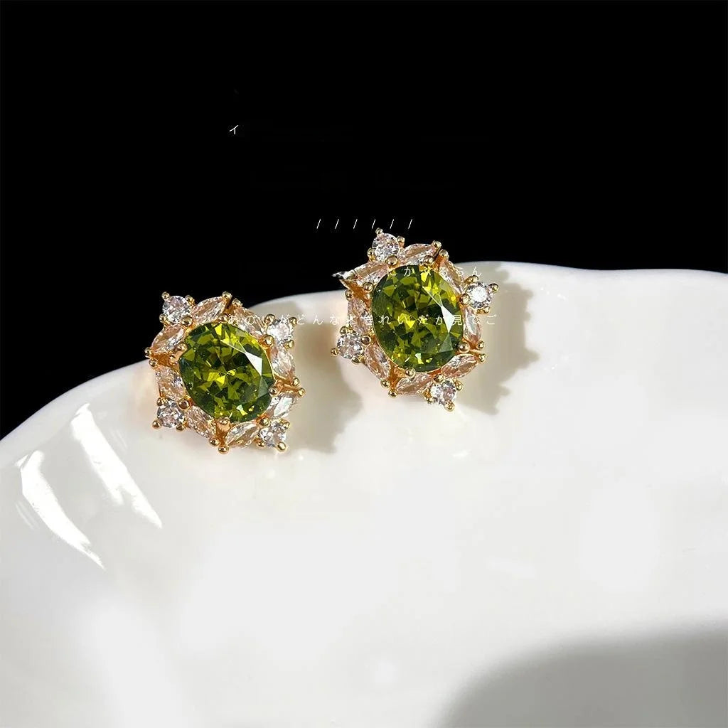 14K Gold Plated Copper Oval Green Zircon Stud Earrings French Vintage Minimalist Jewelry