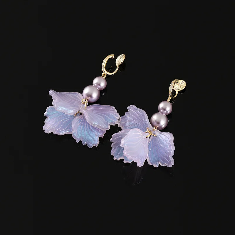 Elegant Handmade Purple Flower Petal Pearl Tassel Alloy Stud & Clip On No Piercing Drop Earrings