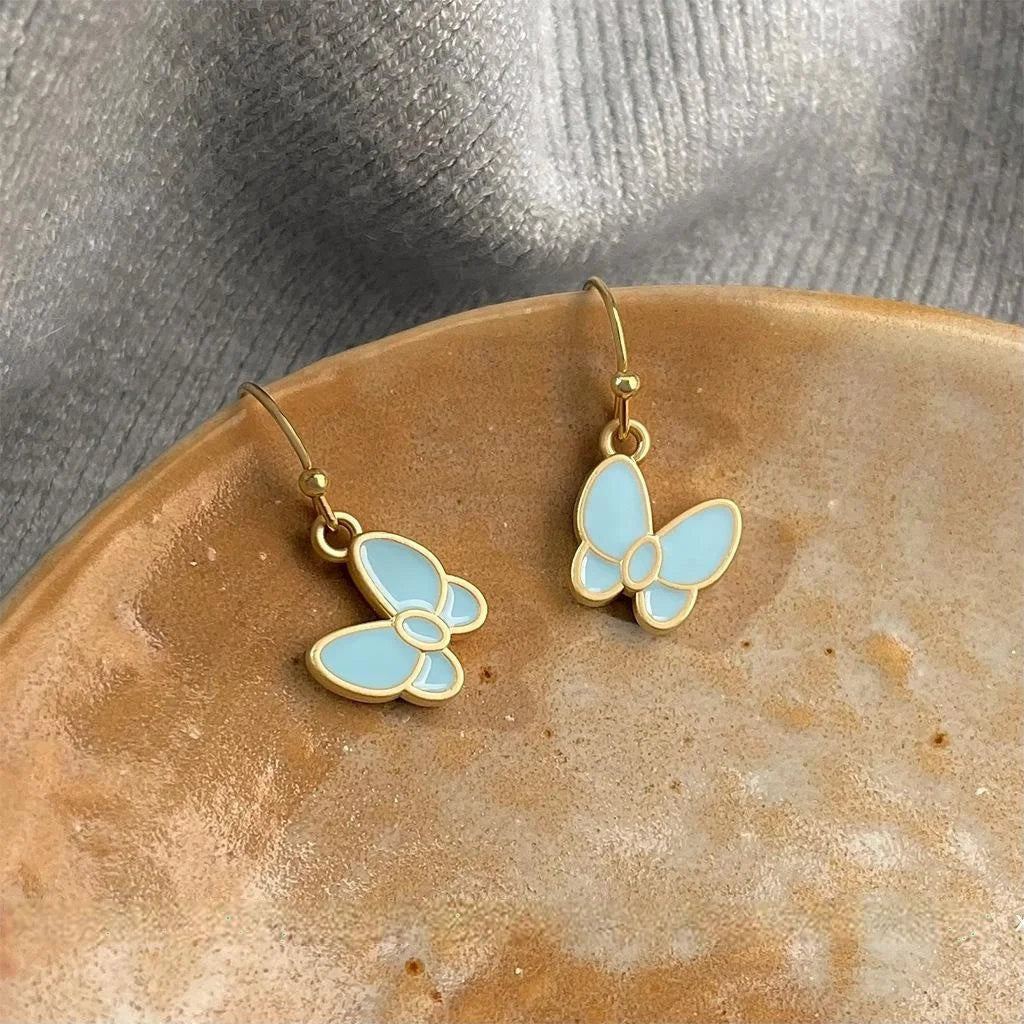 Sweet Mint Green Enamel Butterfly Drop Earrings Copper Summer Elegant Jewelry