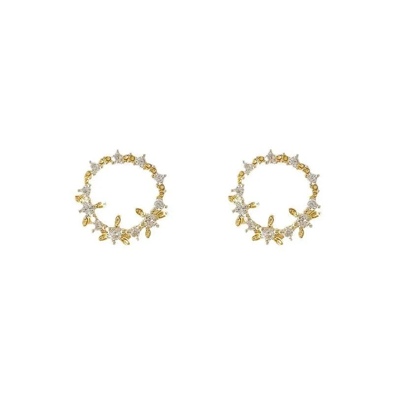 14K Plated Copper Floral Wreath Zircon Stud Earrings Korean Sweet Minimalist Jewelry