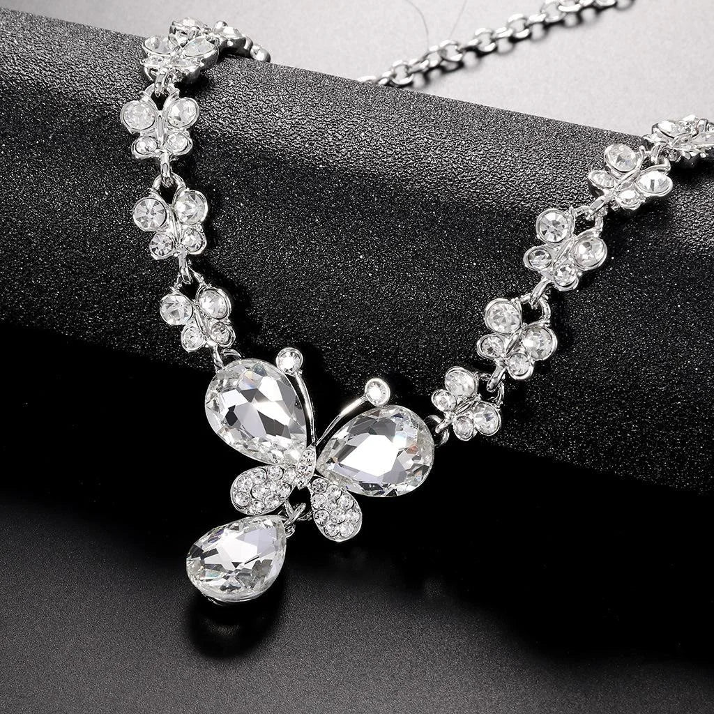 Bridal Rhinestone Butterfly Flower Necklace And Earrings Jewelry Set, Crystal Alloy Wedding Party Jewelry
