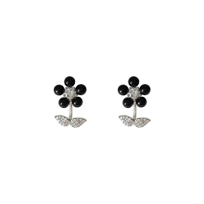Sweet Cool Black Flower Copper Stud Earrings With Micro Pave Zircon, Versatile Commuter Jewelry