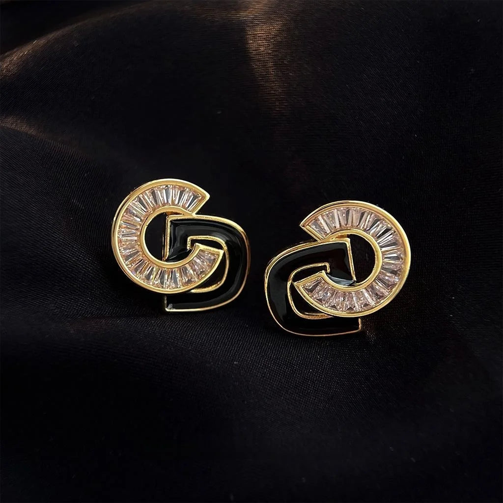 Light Luxury Copper Enamel English Letter Zircon Stud Earrings Vintage French Style
