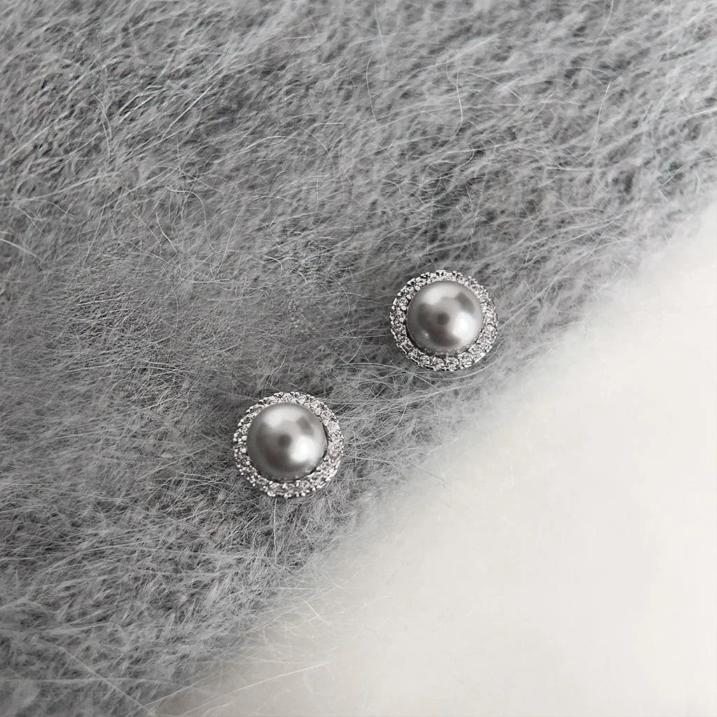 Light Luxury Gray Glass Pearl Stud Earrings With Micro Pave Zircon Copper Round Jewelry
