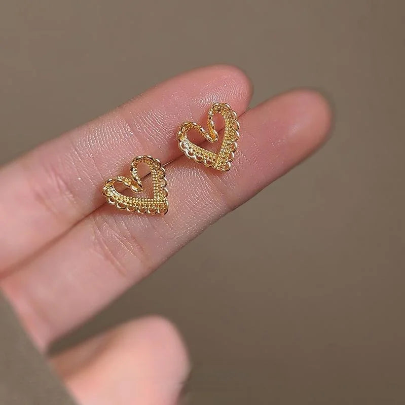 Fresh Sweet Lace Hollow Heart Stud Earrings 14K Plated Copper Korean Style