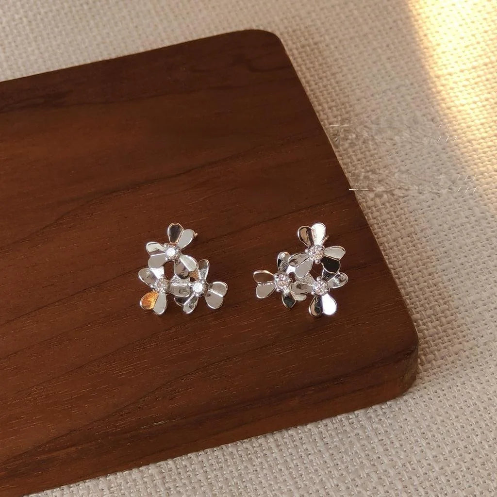 Silver Plated Copper Zircon Flower Stud Earrings For Women Korean Style