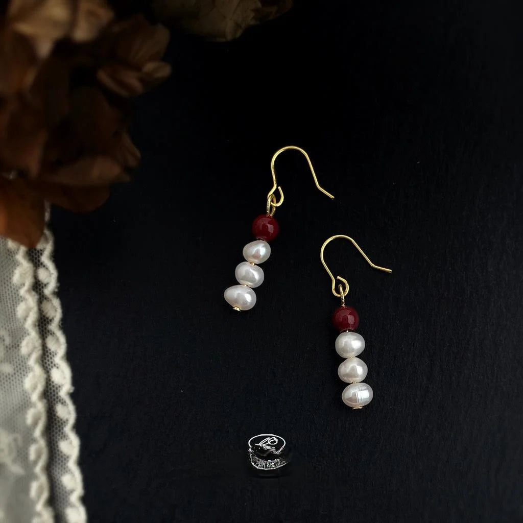 Handmade Ethnic Vintage Freshwater Pearl And Red Agate Round Geometric Drop Earrings