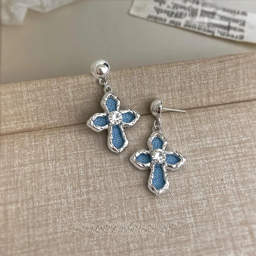 Denim Cross Geometric Drop Earrings Style Sweet Cool Designer Fashion Jewelry
