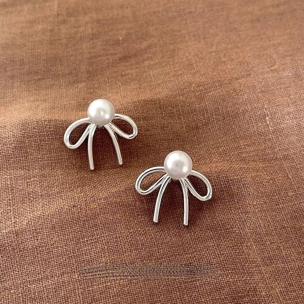 Two Way Glass Pearl Bow Drop Earrings With Copper Alloy, Versatile Commuter Jewelry