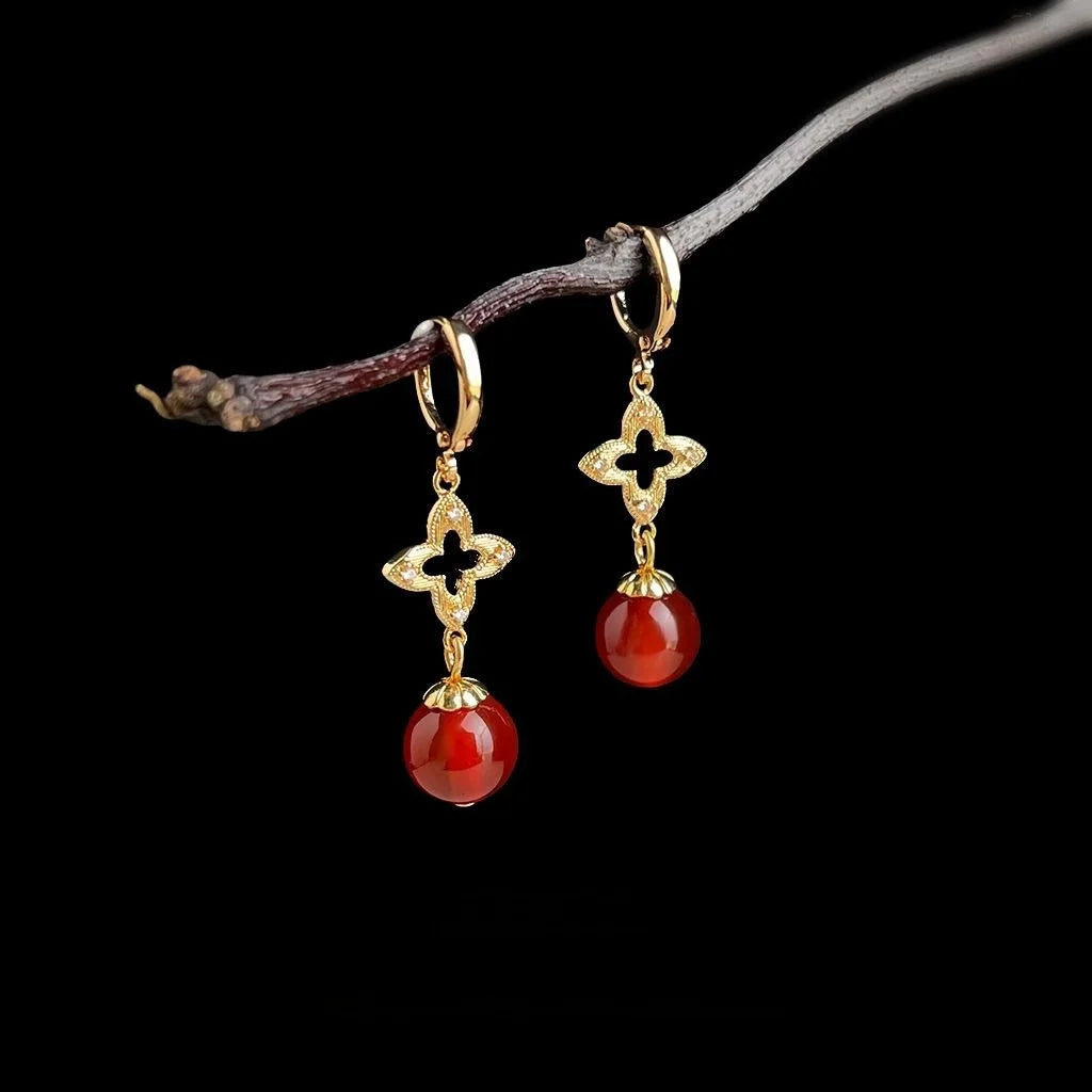 Vintage Palace Style Red Agate Zircon Copper Geometric Round Drop Earrings