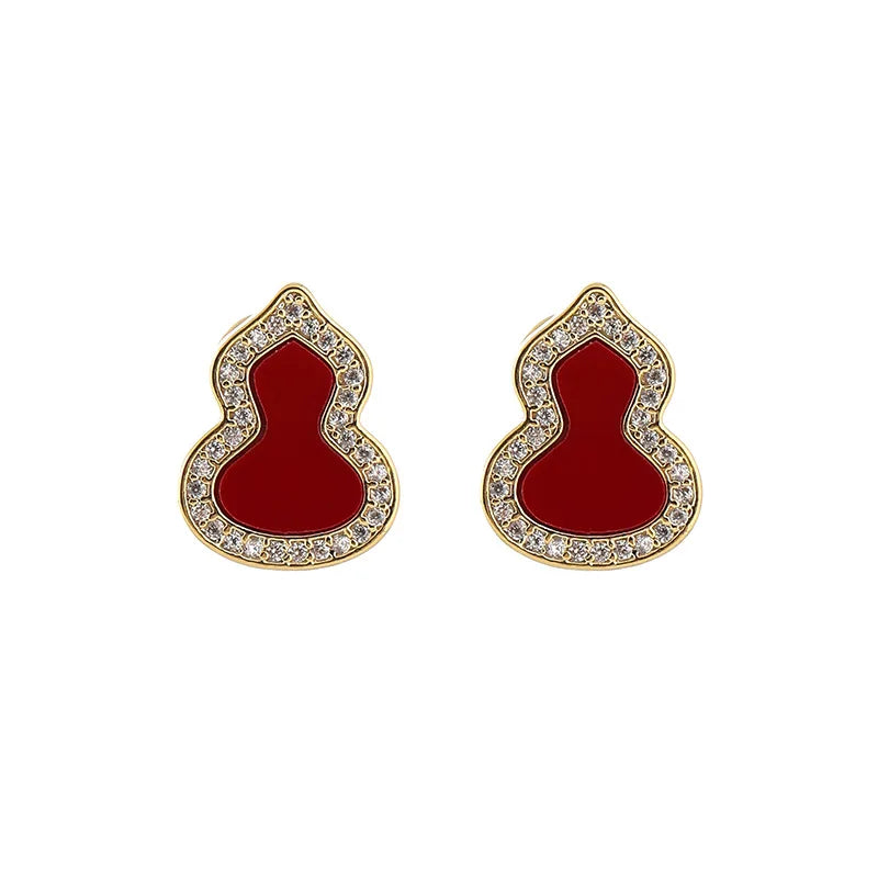 Elegant Red Enamel Gourd Shape Rhinestone Alloy Stud & Clip On No Piercing Light Luxury Earrings