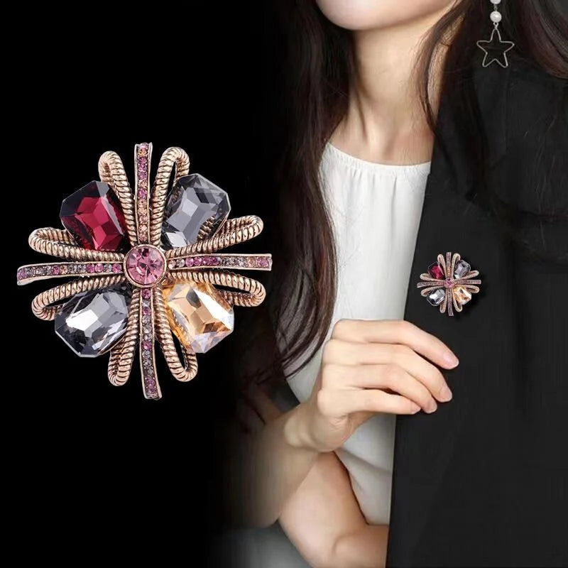 Luxury Square Knot Flower Brooch With Red Crystal Rhinestones, Elegant Alloy Lapel Pin Suit Accessory Gift