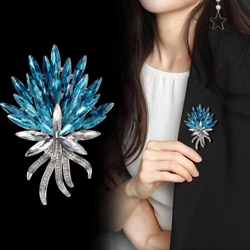 Luxury Blue Crystal Flower Bouquet Brooch With Rhinestone Stems, Elegant Corsage Lapel Pin Suit Accessory