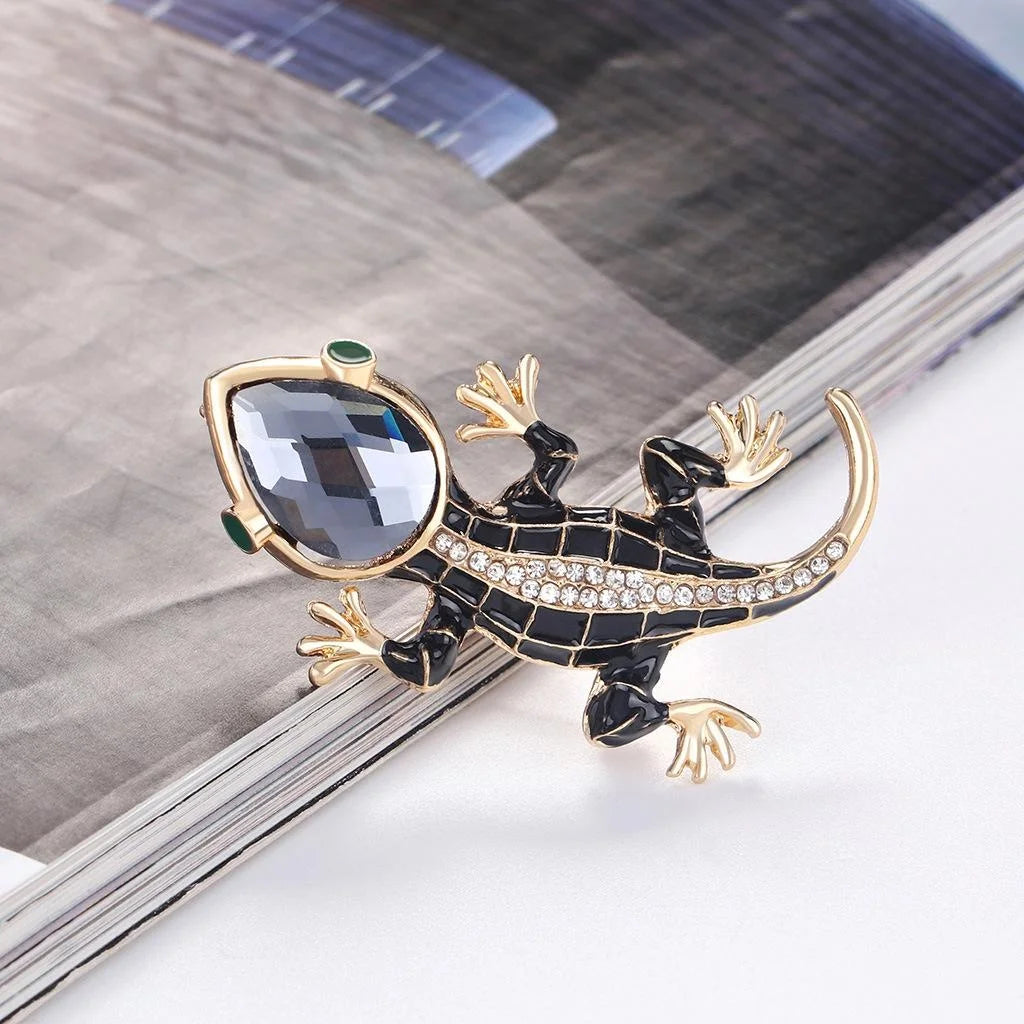 Luxury Black Enamel Gecko Lizard Brooch With Rhinestones, Alloy Animal Lapel Pin Suit Accessory Gift