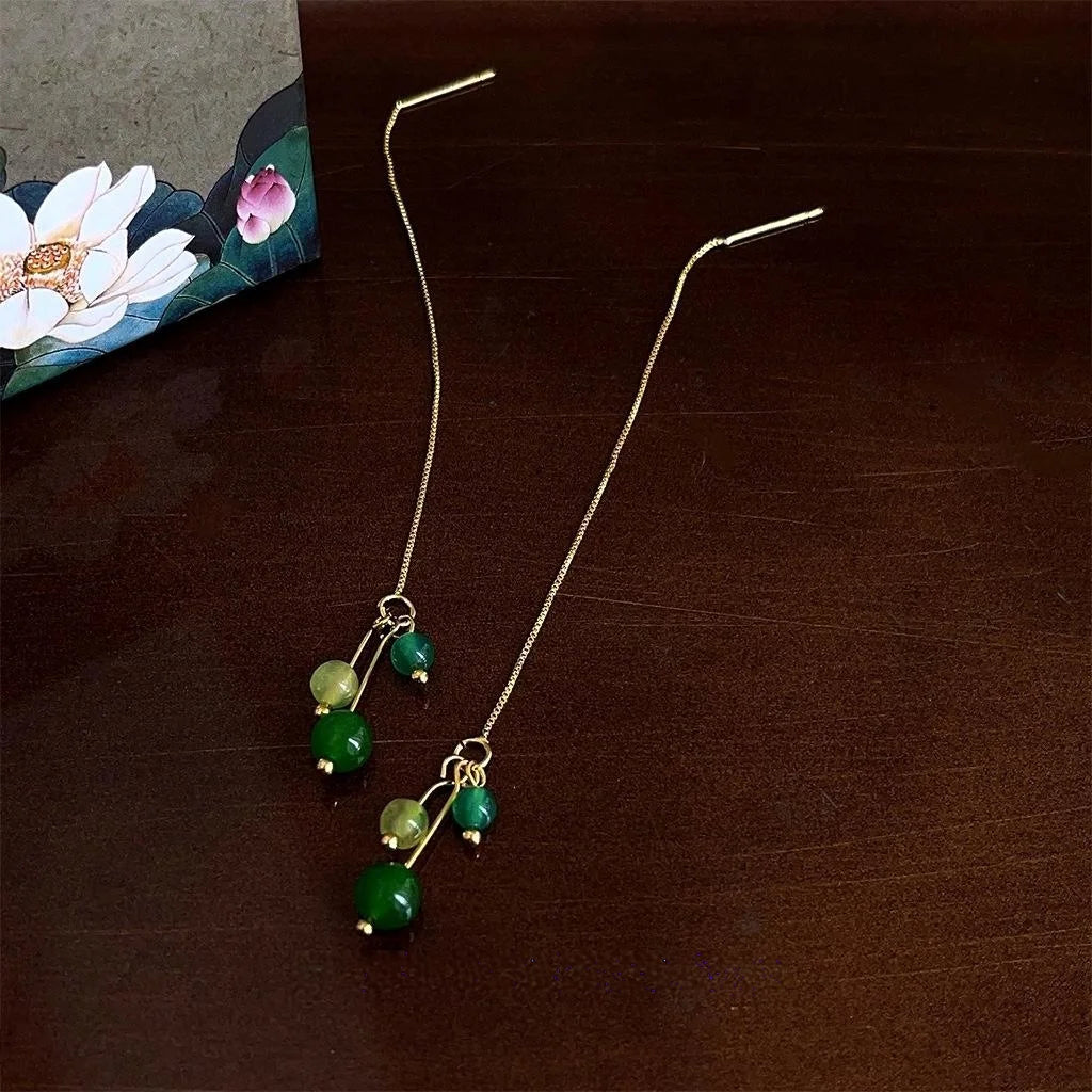 Handmade New Chinese Green Agate Tassel Drop Earrings With Copper
