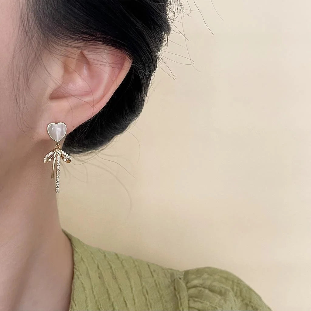 14K Plated Copper Bow Heart Drop Earrings With Glass Cat Eye Stone And Micro Pave Zircon For Women