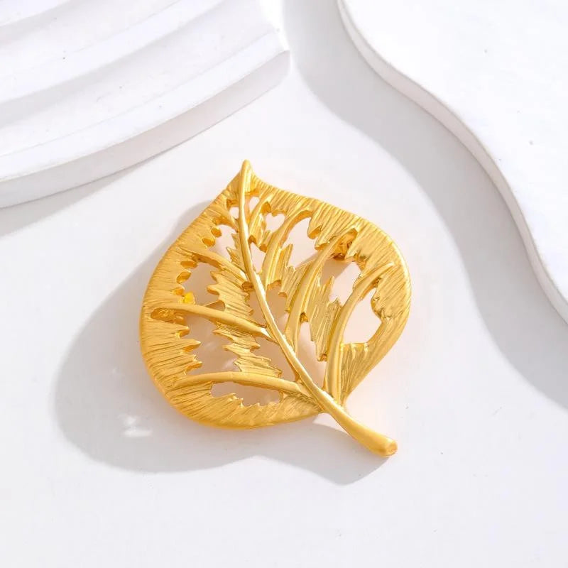 Elegant Gold Tone Alloy Leaf Brooch Hollow Vein Lapel Pin Corsage For Coat Suit Accessory Gift