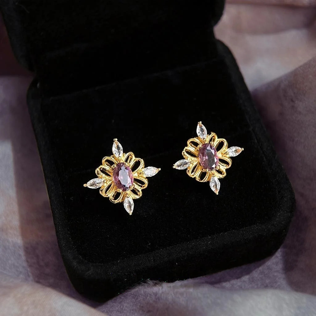 Original Light Luxury 14K Plated Copper Zircon Flower Stud Earrings
