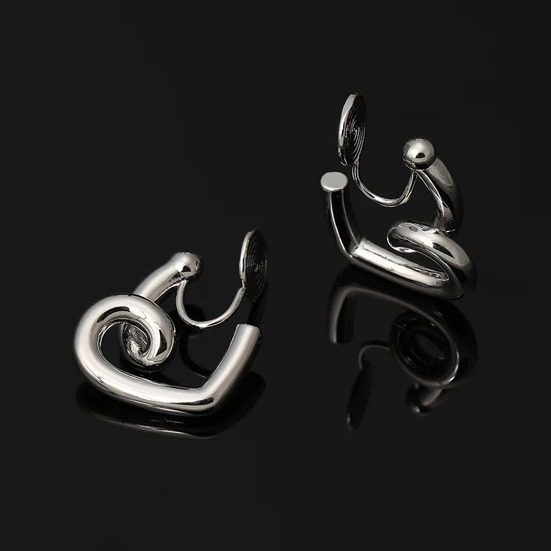 Silver Tone Alloy Open Heart Spiral Stud & Clip On No Piercing Minimalist Ear Cuff Fashion Earrings