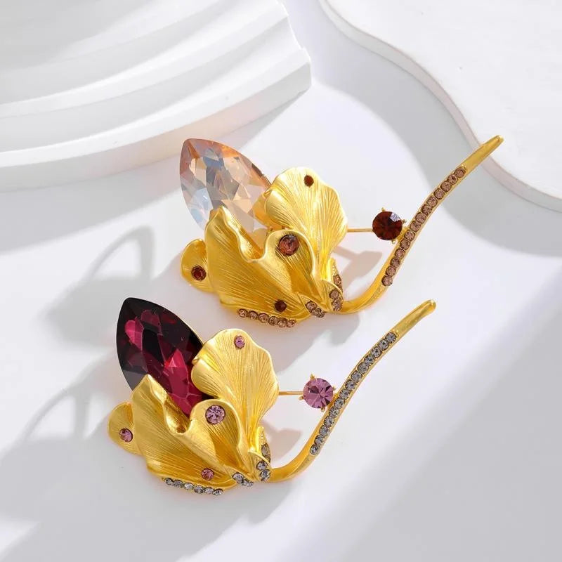 Luxury Gold Tulip Flower Brooch With Purple Crystal Rhinestones, Elegant Lapel Pin Corsage Gift