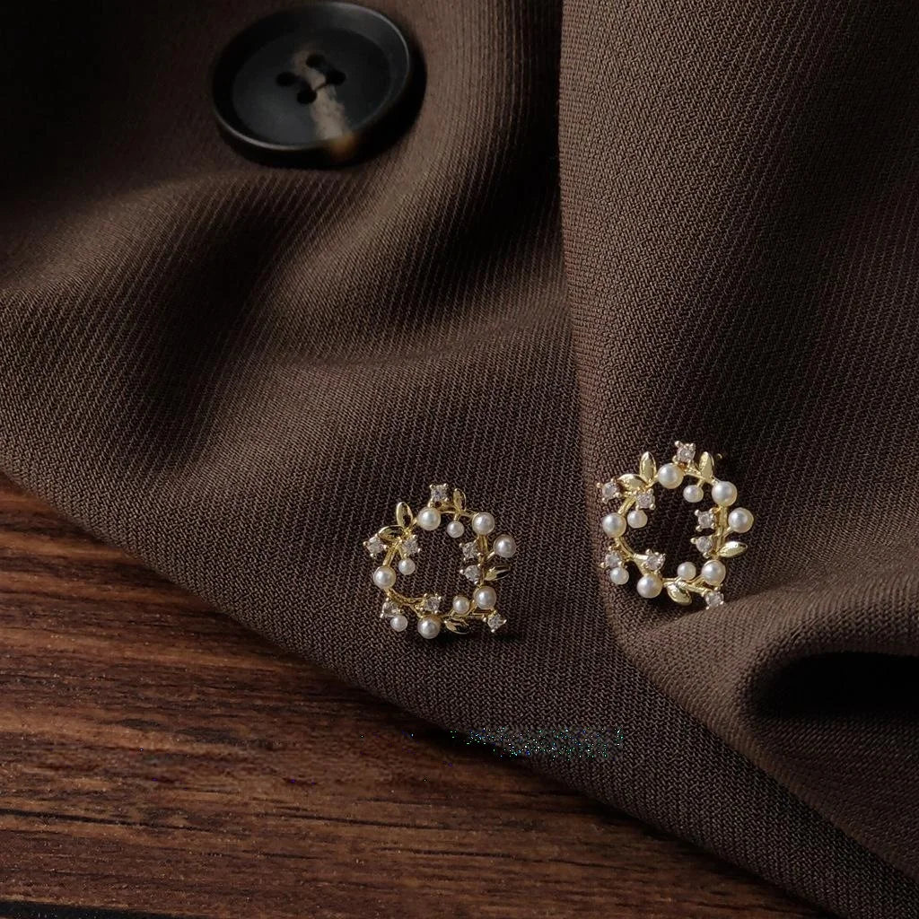 French Sweet Micro Pave Zircon Hollow Floral Wreath 14K Plated Stud Earrings