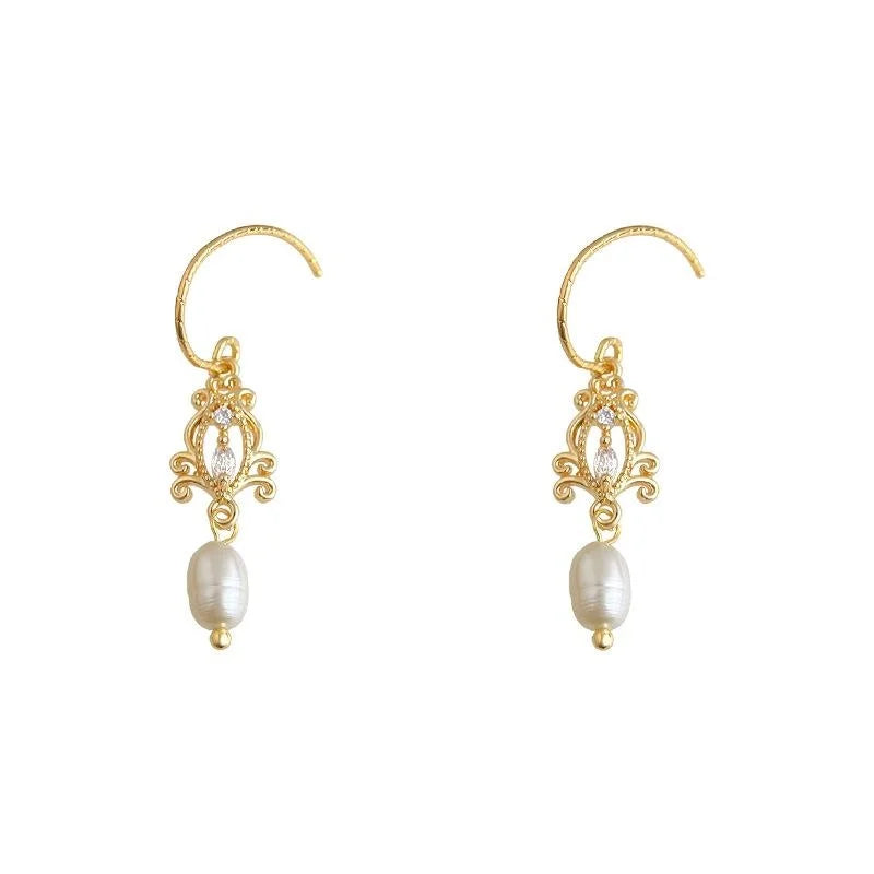 French Vintage Court Style Copper Freshwater Pearl Zircon Hollow Tassel Drop Earrings