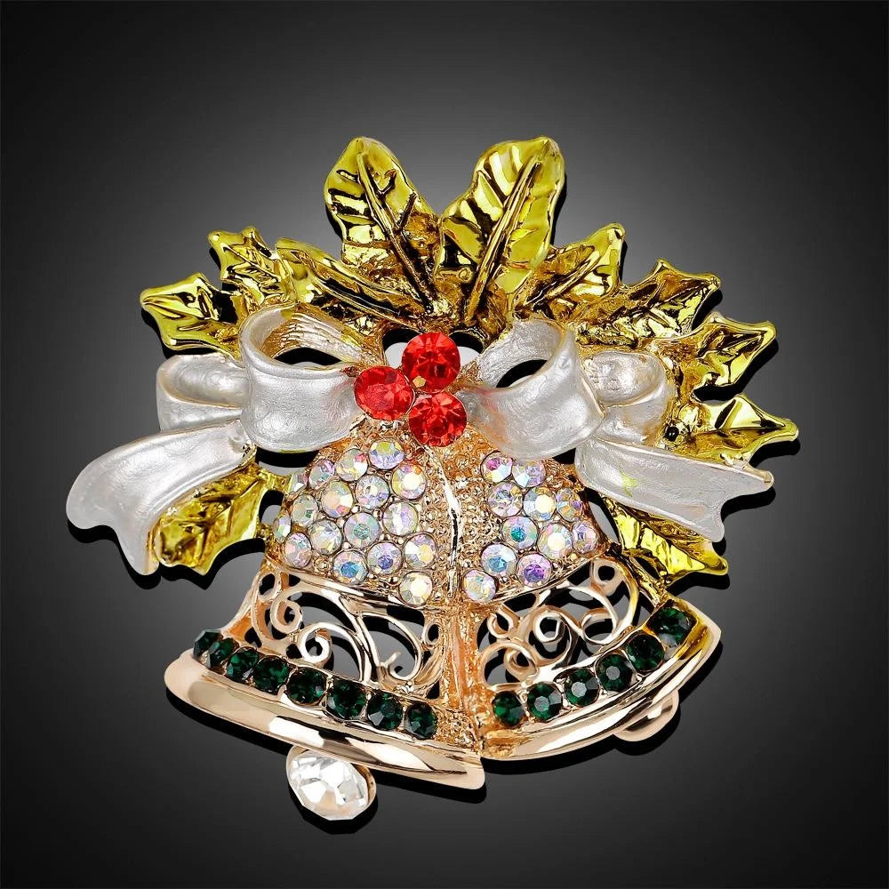 Luxury Christmas Bell Brooch With Pearl Bow, Rhinestone Holly Leaves, Elegant Lapel Pin Corsage Gift