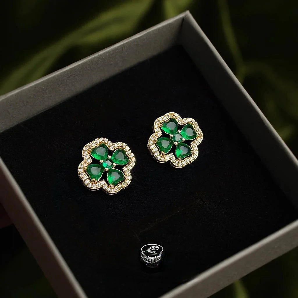 14K Gold Plated Copper Emerald Green Zircon Flower Geometric Stud Earrings Light Luxury