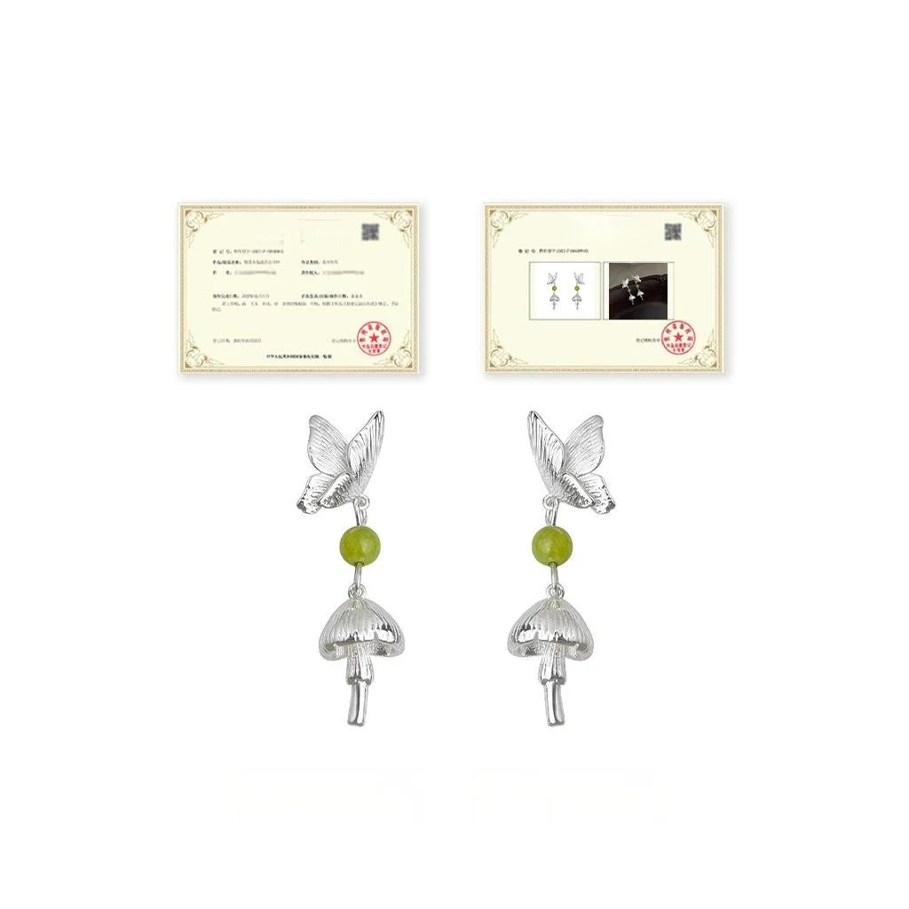 Forest Style Natural Stone Butterfly Mushroom Drop Earrings, Silver Plated Copper
