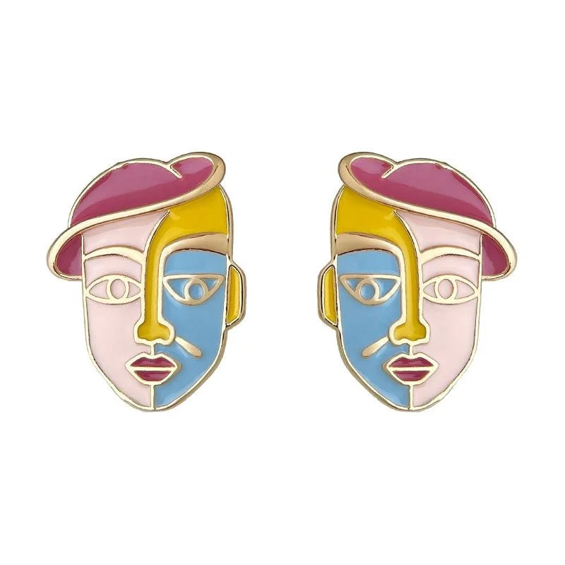 Hand Painted Cartoon Portrait Geometric Eco-Friendly Copper Stud Earrings Niche Designer