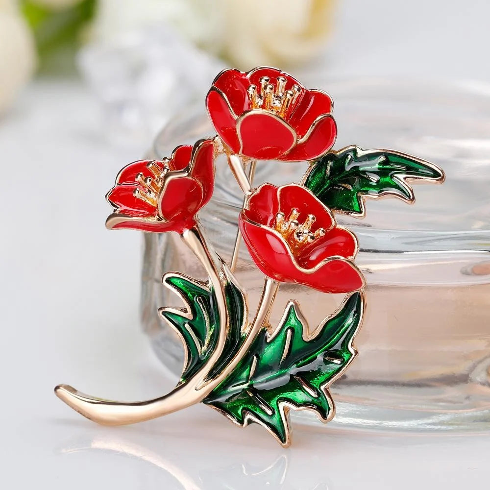 Elegant Red Enamel Poppy Flower Brooch With Rhinestone Gold Alloy Lapel Pin Corsage Suit Accessory Gift