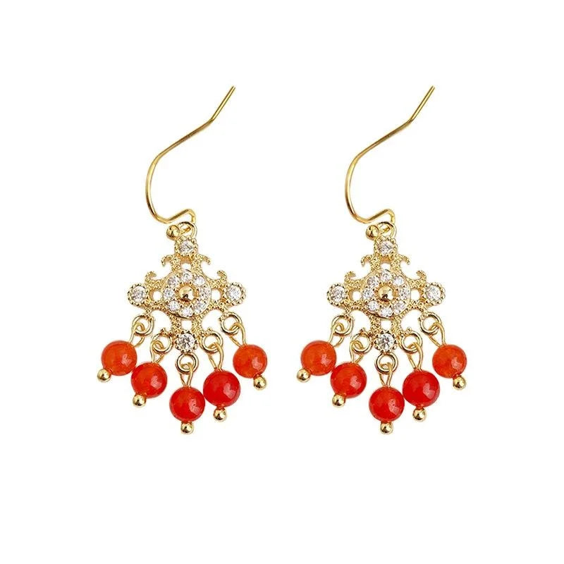 Vintage Ethnic New Chinese Red Agate Micro Pave Zircon Tassel Drop Earrings Geometric Ring Design