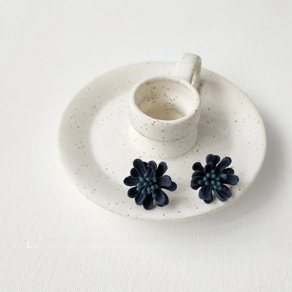 Vintage Haze Blue Fabric Rose Flower Drop Earrings Handmade 3D Floral Statement Jewelry