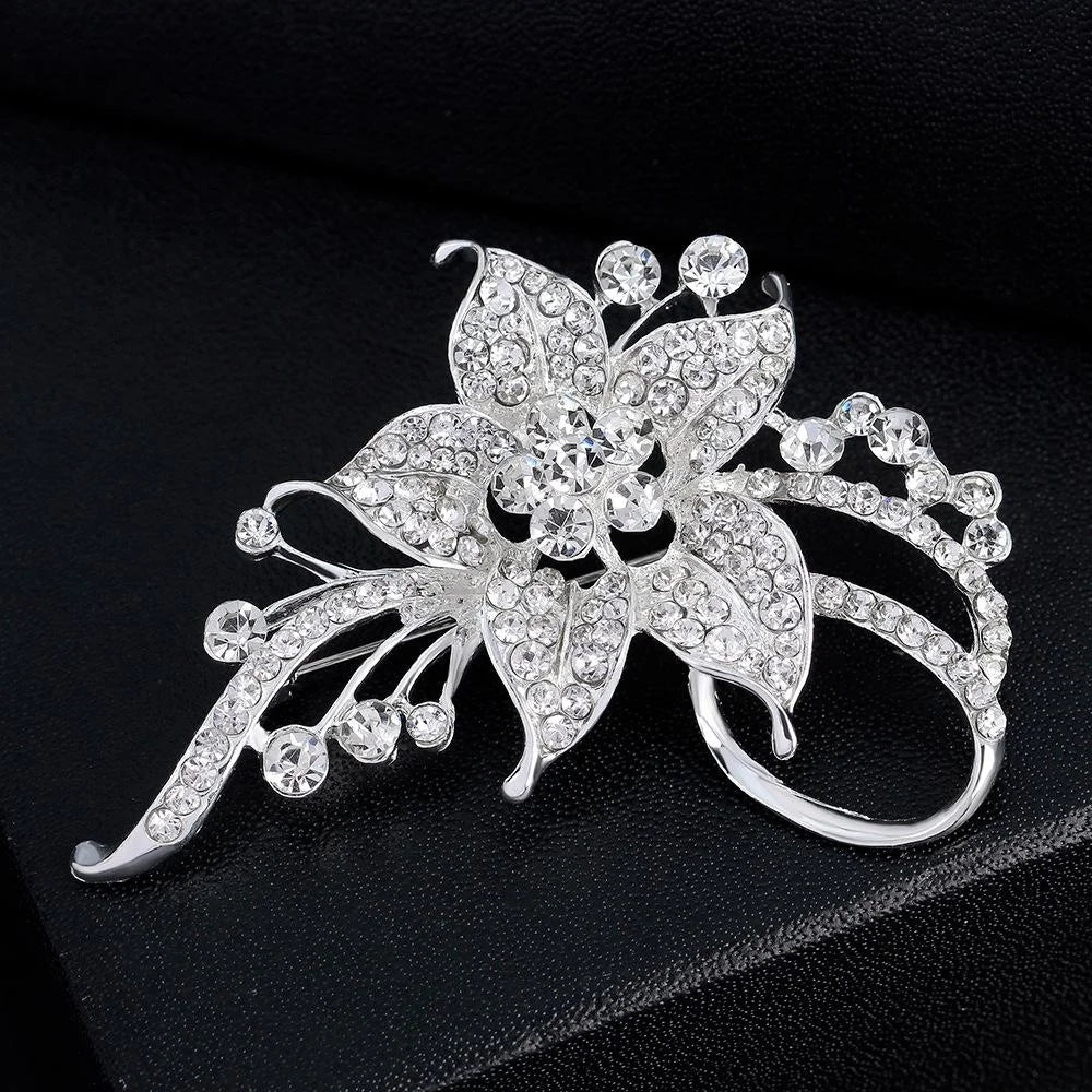 Elegant Rhinestone Alloy Flower Brooch For Women, Luxury Floral Lapel Pin Corsage Suit Accessory Gift