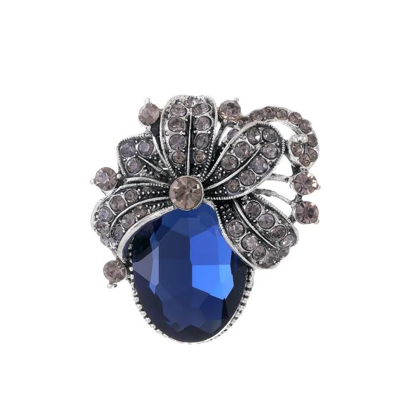 Vintage Bauhinia Flower Brooch With Blue Crystal And Rhinestones, Elegant Alloy Lapel Pin Gift