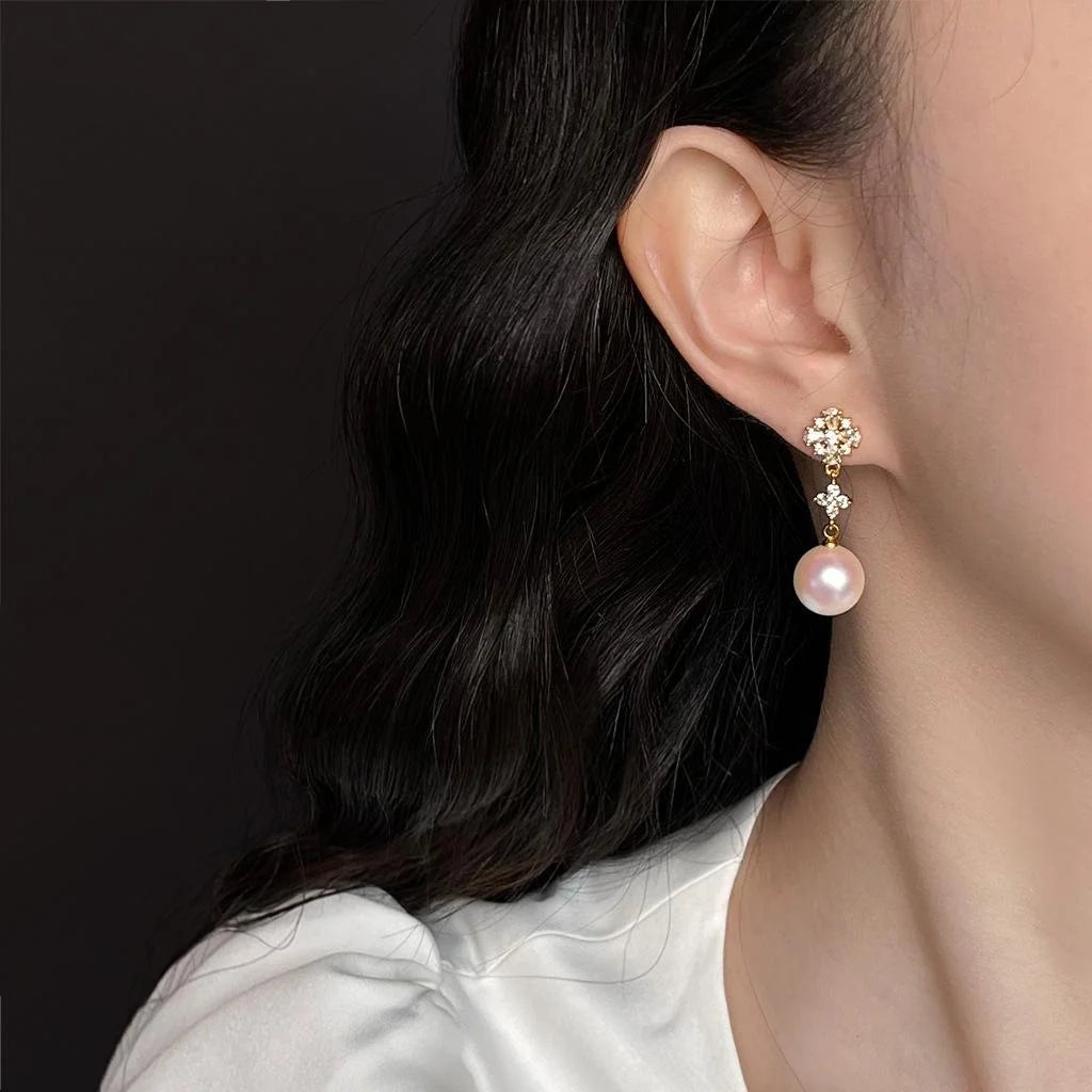 14K Plated Copper Pearl Drop Earrings With Micro Pave Zircon Floral Petal Luxury Design