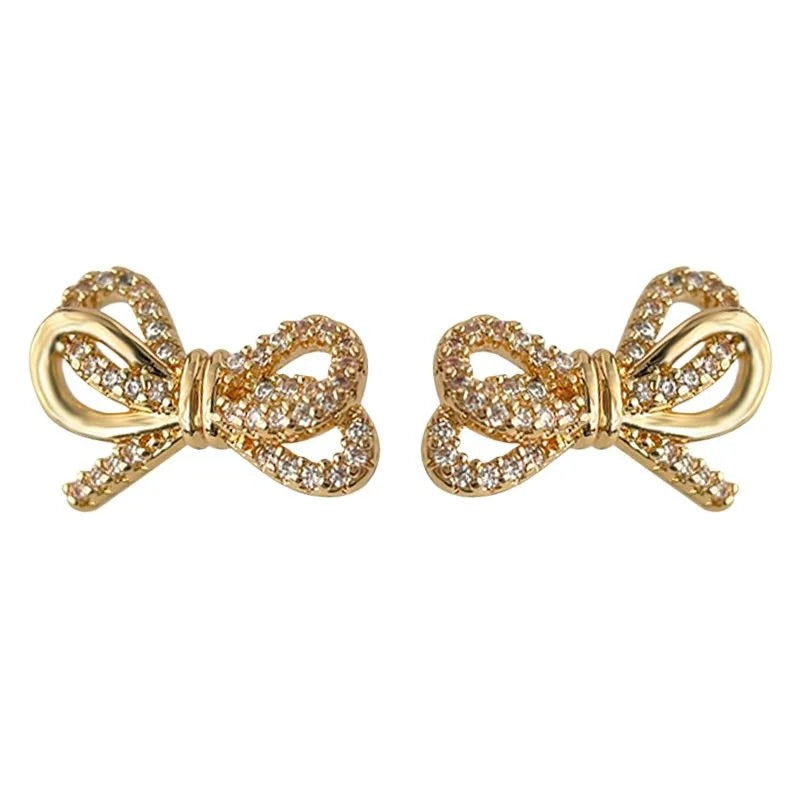 Sweet Mini Bow Zircon Copper Stud Earrings Double Layer Knot Fashion Tiny Jewelry