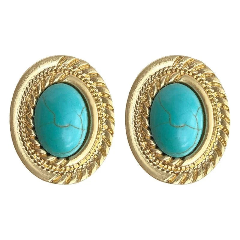 Vintage Artistic Oval Geometric Matte Copper Synthetic Turquoise Drop Earrings
