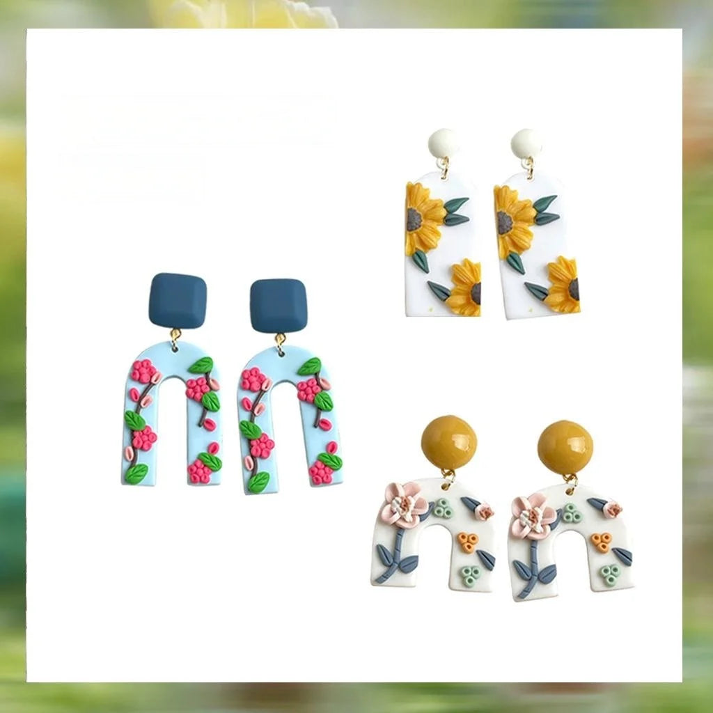Summer Sweet Handmade Polymer Clay Rose Sunflower Floral Drop Earrings For Women
